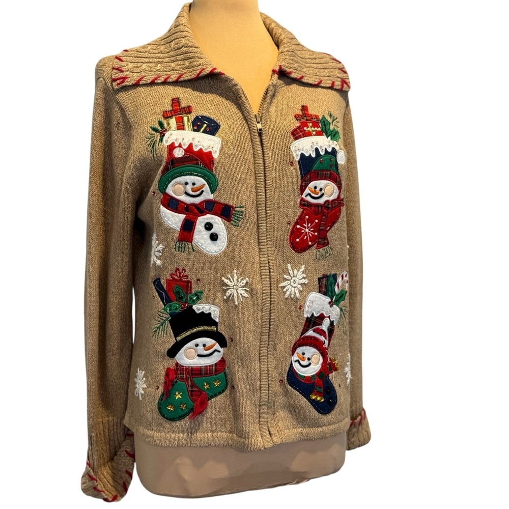 Tiara international Tan zip front snowman embroidered not ugly Christmas sweater